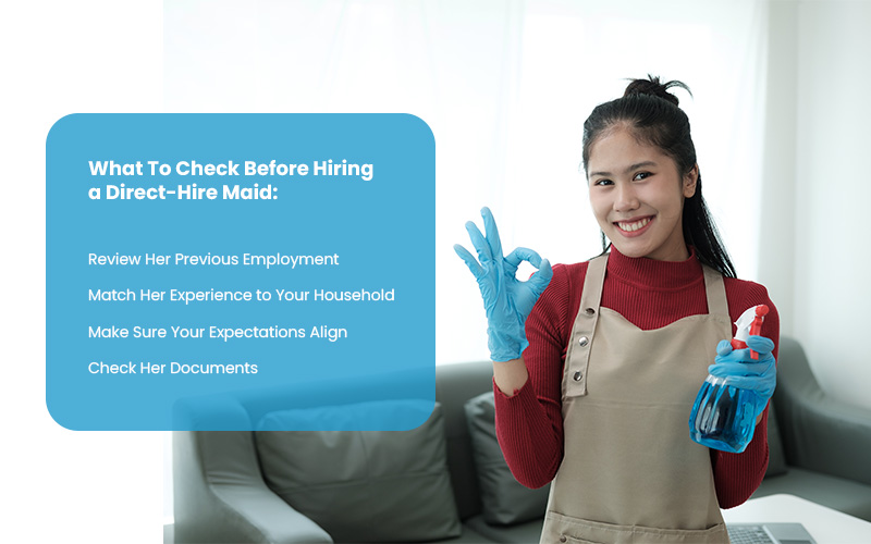 Domestic helper holding cleaning supplies with hiring checklist