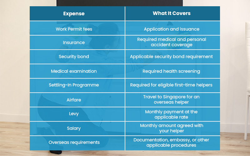 Table outlining expenses and coverage for hiring a domestic helper.